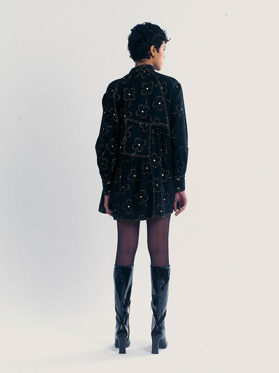 High Neck Floral Printed Mini Flared Dress (Black)