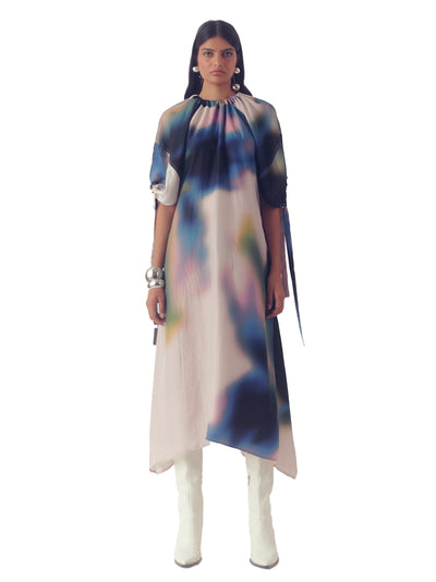 Hydrangea Blouson-Sleeve Silk Midi Dress (Multi)