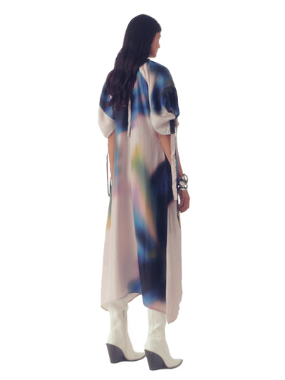 Hydrangea Blouson-Sleeve Silk Midi Dress (Multi)