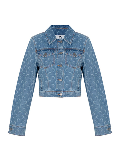 Women Moon Laser Denim Cropped Jacket (Light Blue)