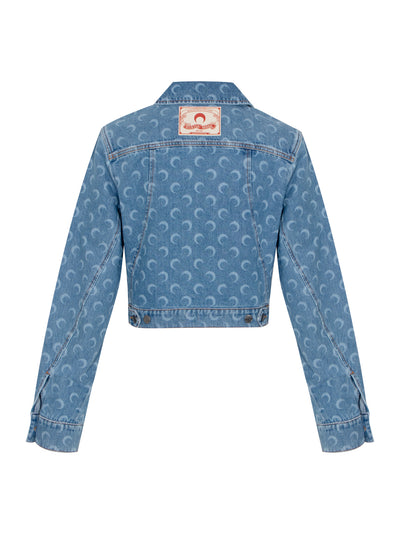 Women Moon Laser Denim Cropped Jacket (Light Blue)