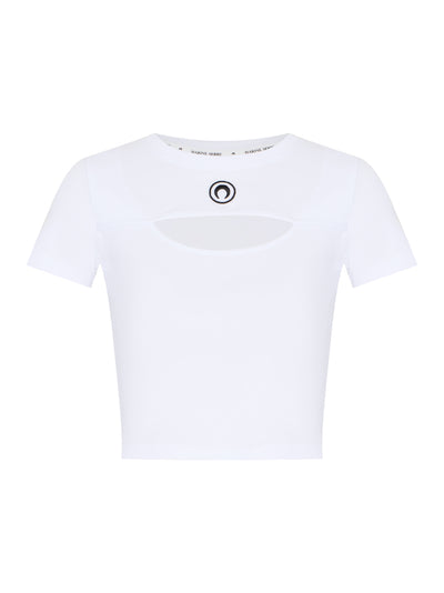 Women Moon Logo Ribbed Jersey Cut-Out T-Shirt (White)