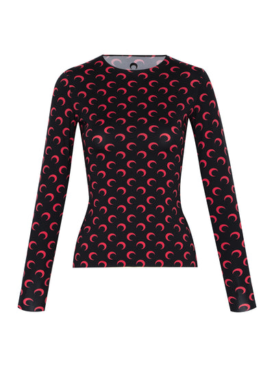 Moon Printed Jersey Second Skin Crewneck Top (Black&Red)