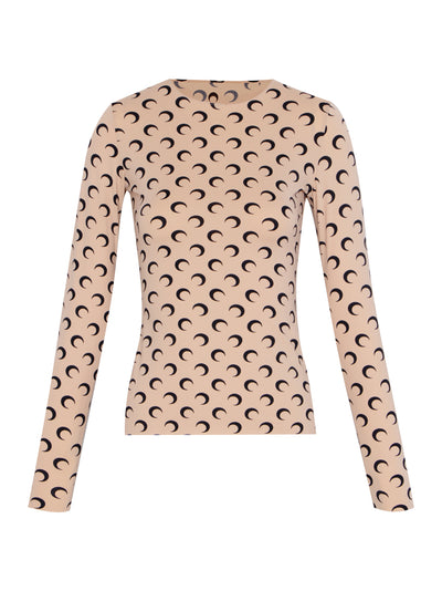 Moon Printed Jersey Second Skin Crewneck Top (Tan)