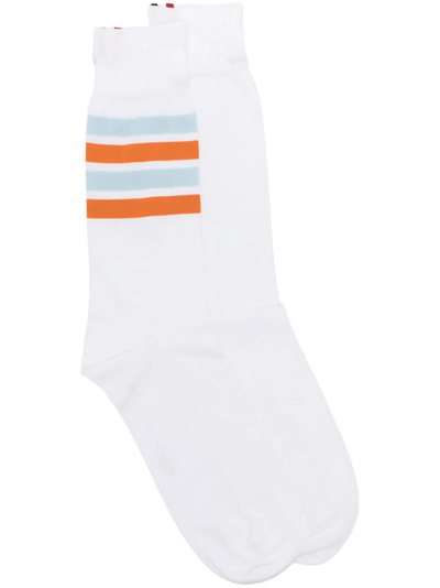 Mid Calf Socks In Cotton W/ 4 Bar Stripe White