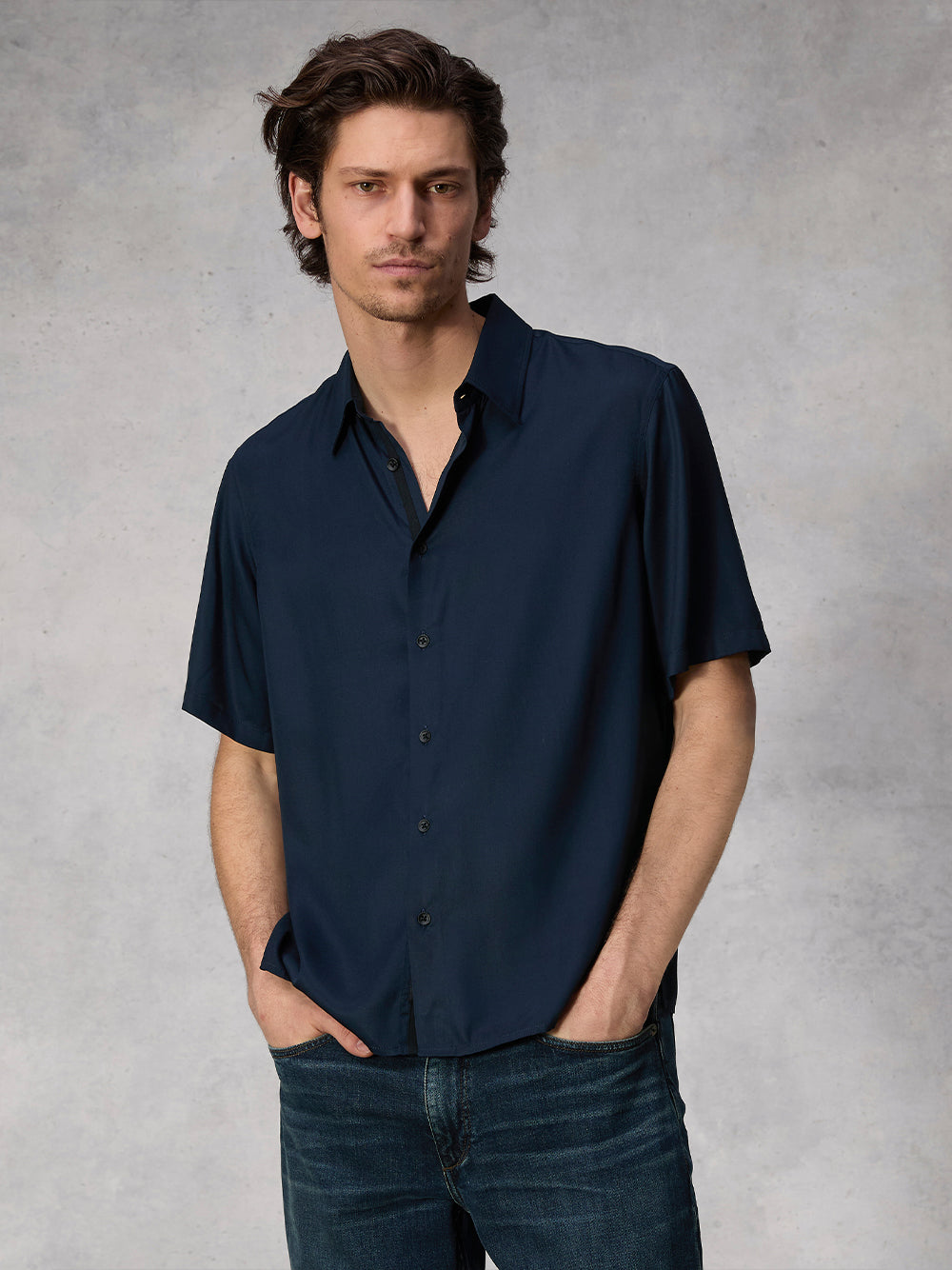 Dalton Viscose Twill Short Sleeve Shirt (Navy)