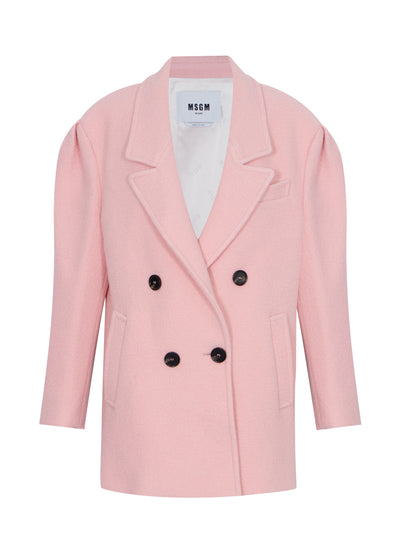 Double-breasted Bouclé Wool Pea Coat (Light Pink)