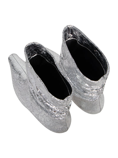 Laminated Crackle Leather Ankle Boots (Silver)