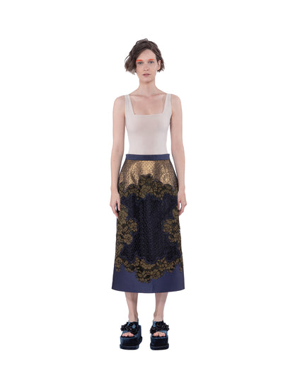 Mix Lace And Lame Straight Mid Length Skirt Navy-bronze