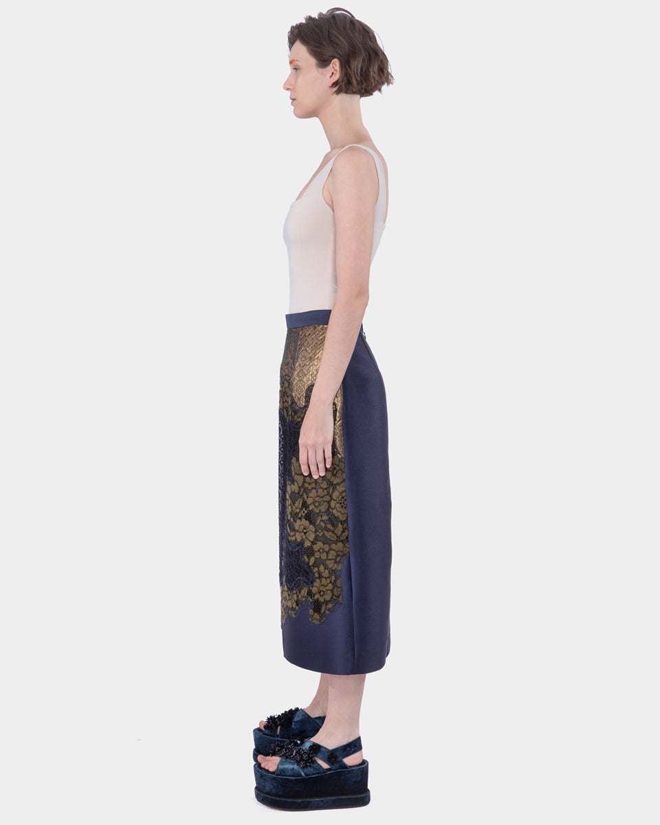 Mix Lace And Lame Straight Mid Length Skirt Navy-bronze