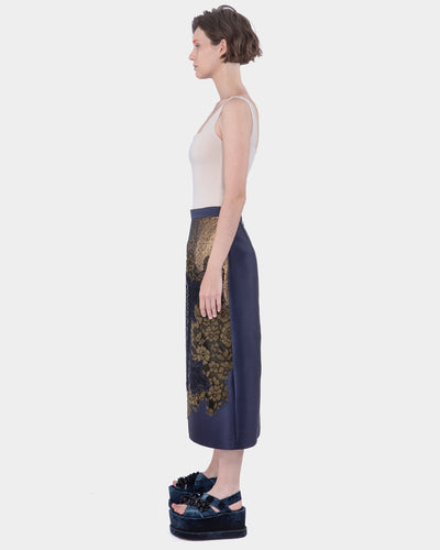 Mix Lace And Lame Straight Mid Length Skirt Navy-bronze