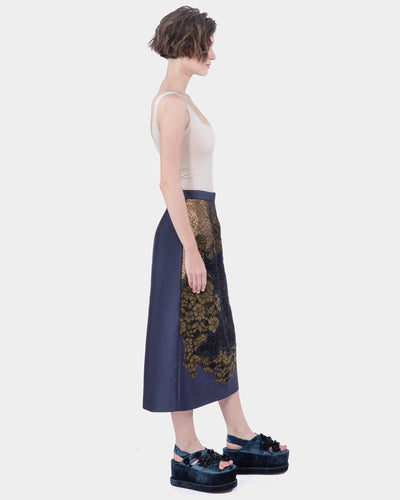 Mix Lace And Lame Straight Mid Length Skirt Navy-bronze