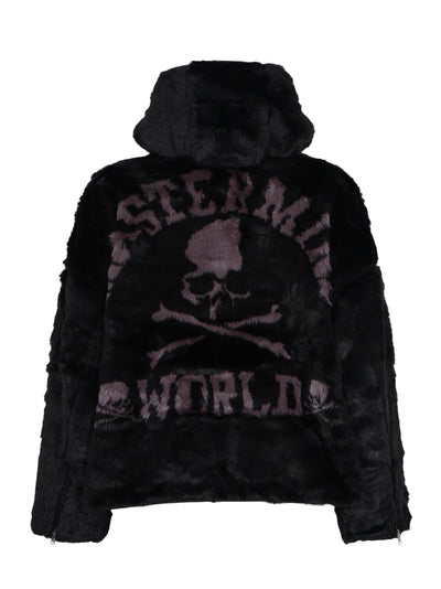 Hooded Rabbit Fur Jacket Black ( College Logo )