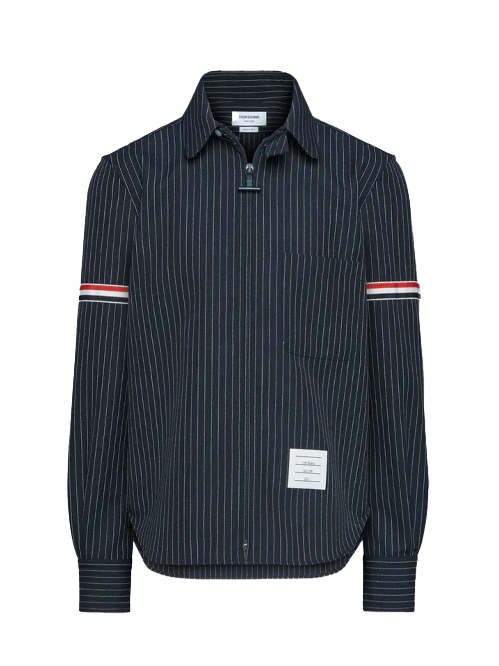 Pinstripe High Twist Wool Zip Up Shirt Navy