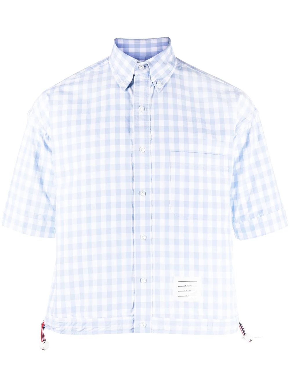 Gingham Poplin Drawstring Hem Short Sleeve Shirt (Light Blue)