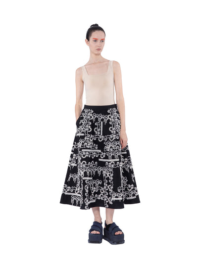 Wool Mide Length A-line Skirt Black-white