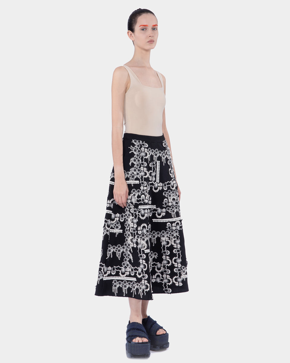 Wool Mide Length A-line Skirt Black-white
