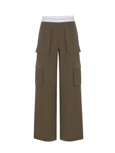 Mid Rise Cargo Rave Pants With Logo Elastic Off (Army Green)