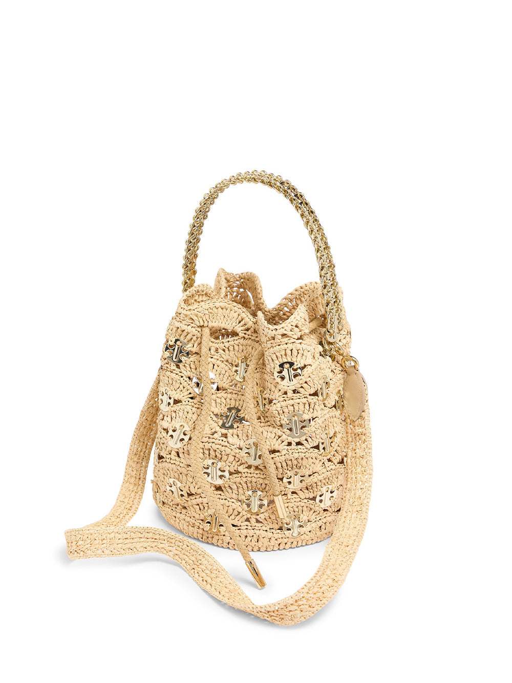 New Raphia Wave Bucket Bag With Signature 1969 Discs (Light Gold