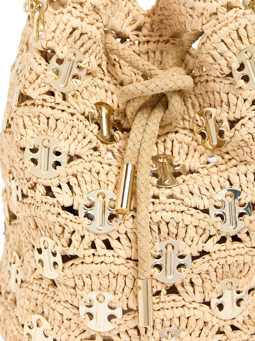 New Raphia Wave Bucket Bag With Signature 1969 Discs (Light Gold