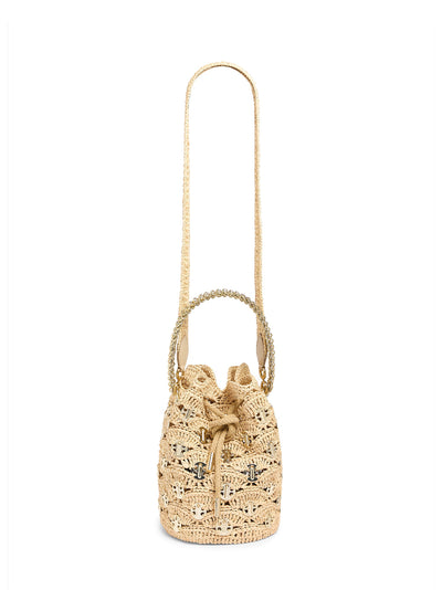 New Raphia Wave Bucket Bag With Signature 1969 Discs (Light Gold
