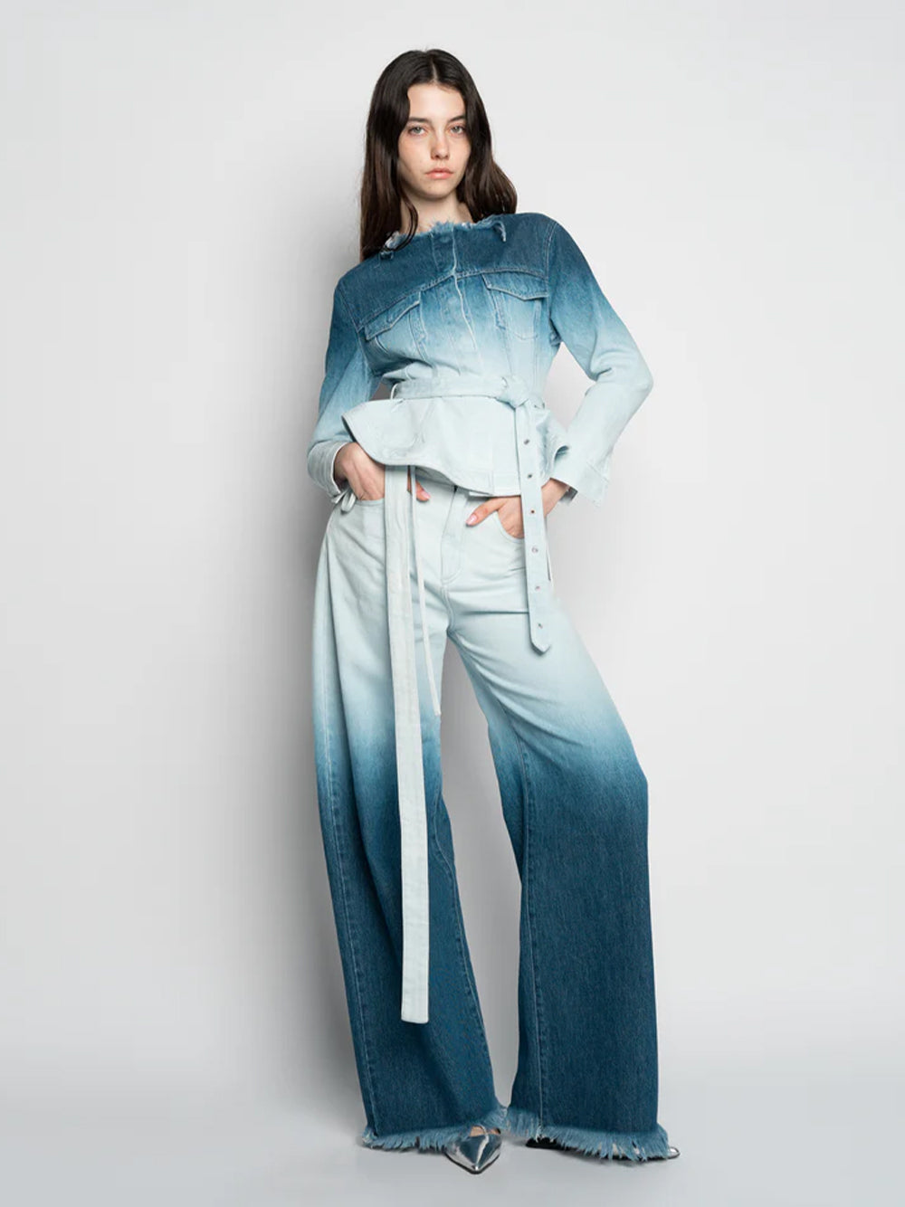 Ombre Denim Boyfriend Jeans With Loose Belts Ombre Denim Blue