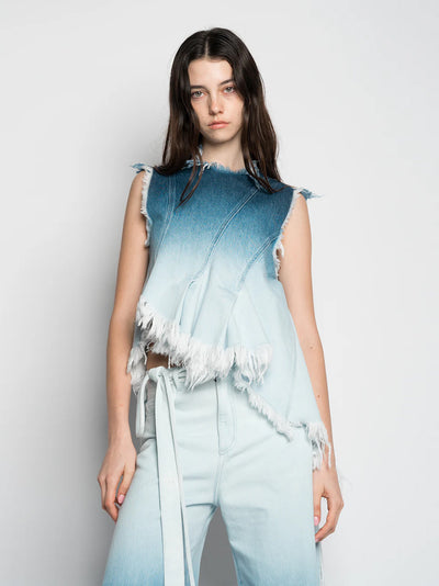 Ombre Denim Sleeveless Top With Stitched Down Pleats And Assymetric Flounce Hem Ombre Denim Blue