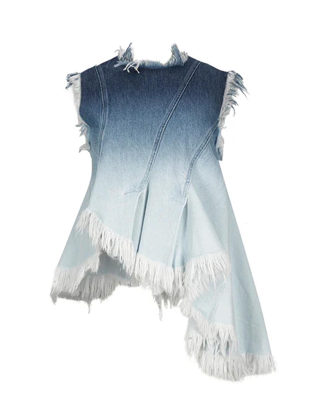 Ombre Denim Sleeveless Top With Stitched Down Pleats And Assymetric Flounce Hem Ombre Denim Blue