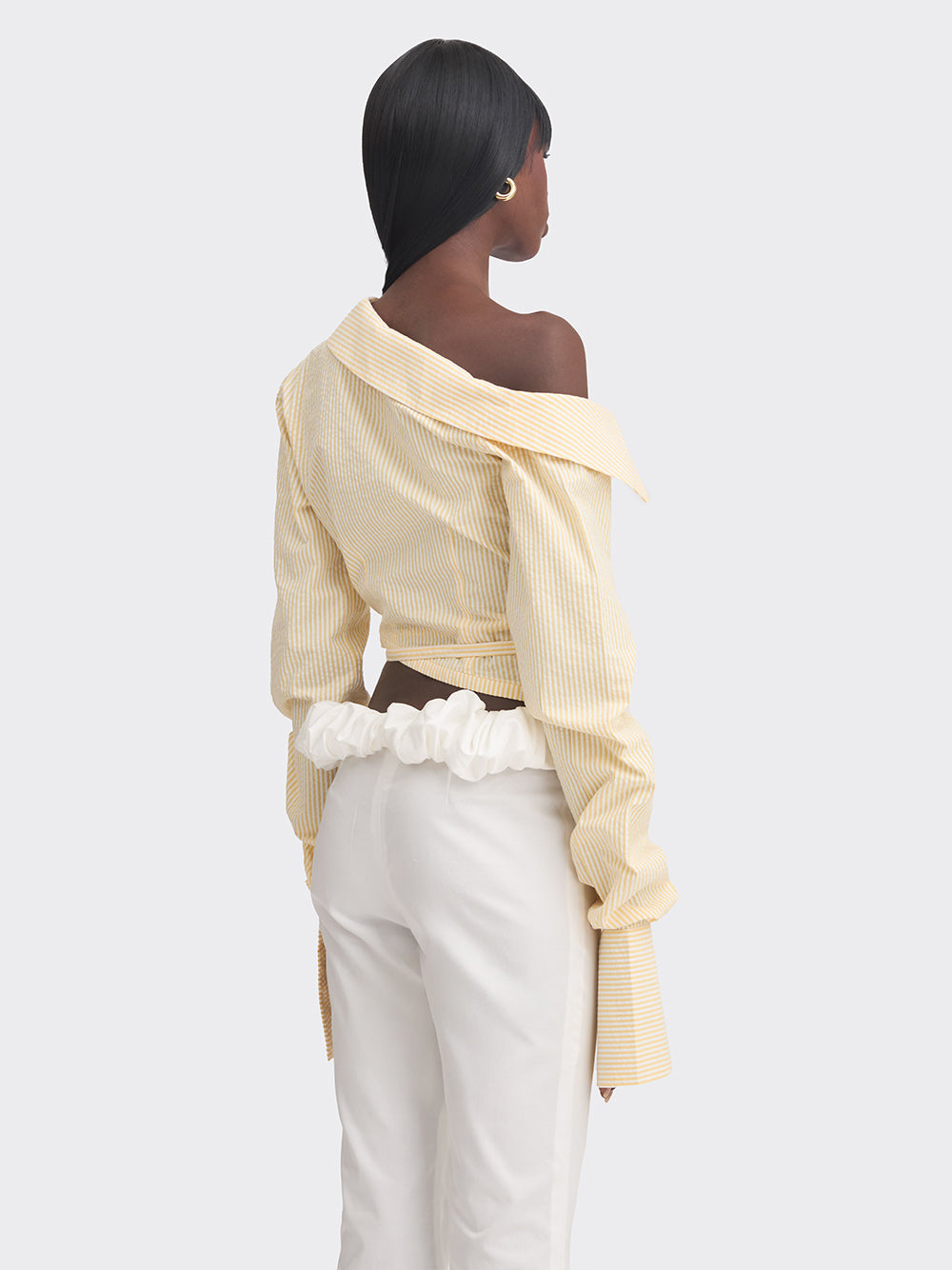 Off Shoulder Cropped Shirt (Stripe) Yellow