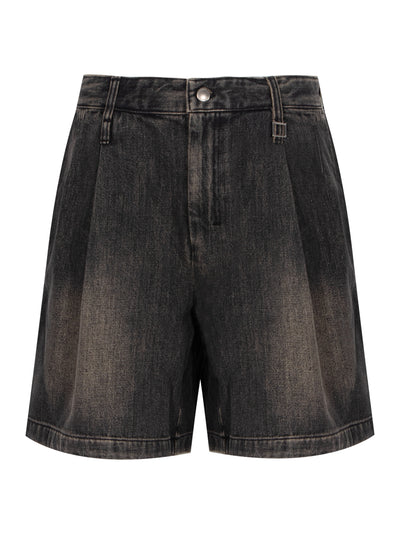 One-Tuck Washed Denim Shorts (Gray)