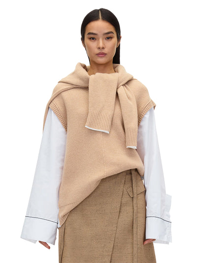 Oversized Knit Vest with Poplin Sleeves (Beige)