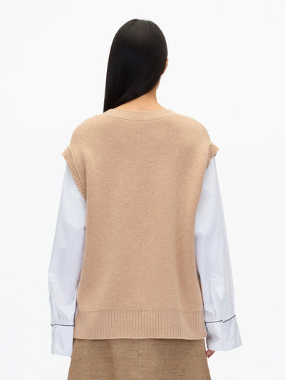 Oversized Knit Vest with Poplin Sleeves (Beige)