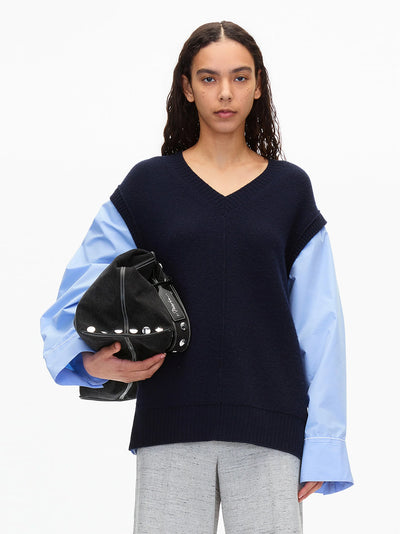 Oversized Knit Vest with Poplin Sleeves (Midnight)