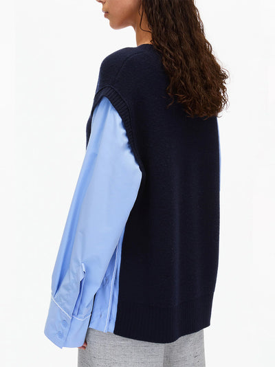 Oversized Knit Vest with Poplin Sleeves (Midnight)