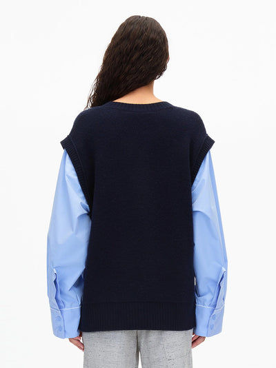 Oversized Knit Vest with Poplin Sleeves (Midnight)