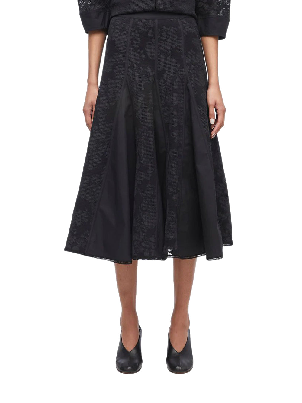 Bonded Lace Godet Midi Skirt Black