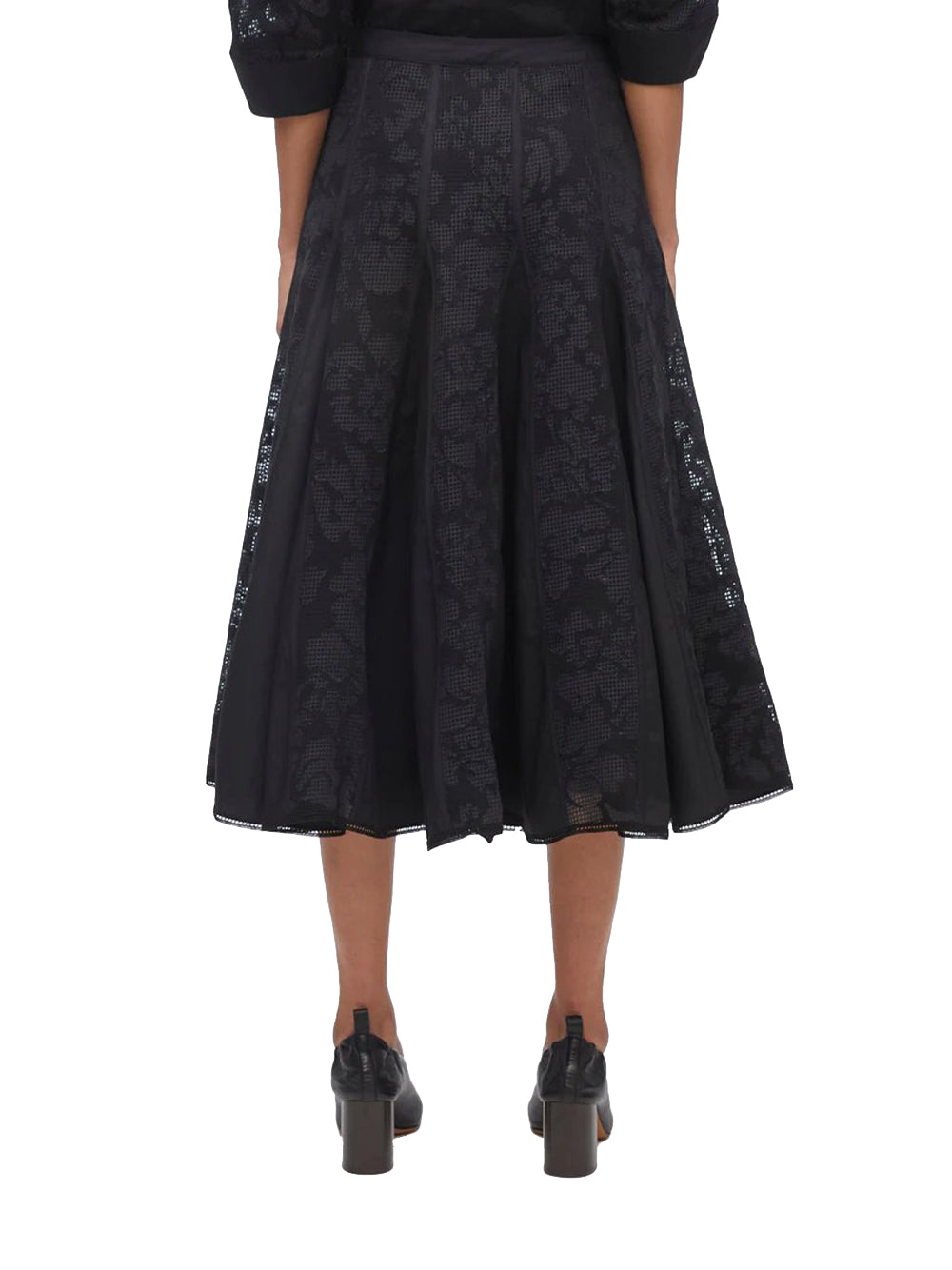 Bonded Lace Godet Midi Skirt Black