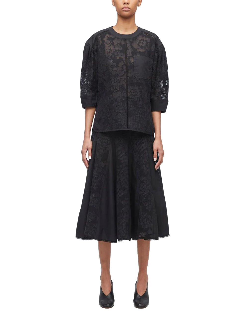 Bonded Lace Godet Midi Skirt Black