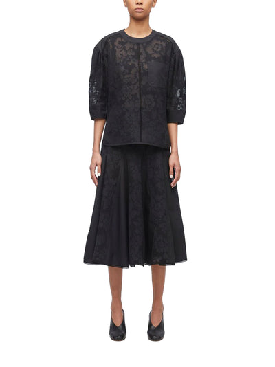 Bonded Lace Godet Midi Skirt Black