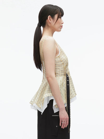 Plaid Organza V-Neck Top (Hay Multi)