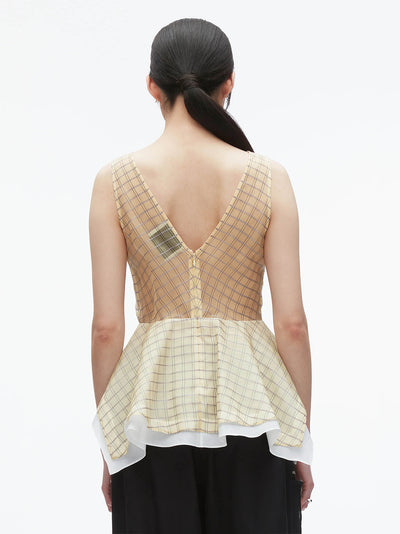 Plaid Organza V-Neck Top (Hay Multi)