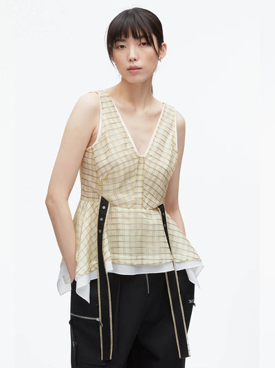 Plaid Organza V-Neck Top (Hay Multi)
