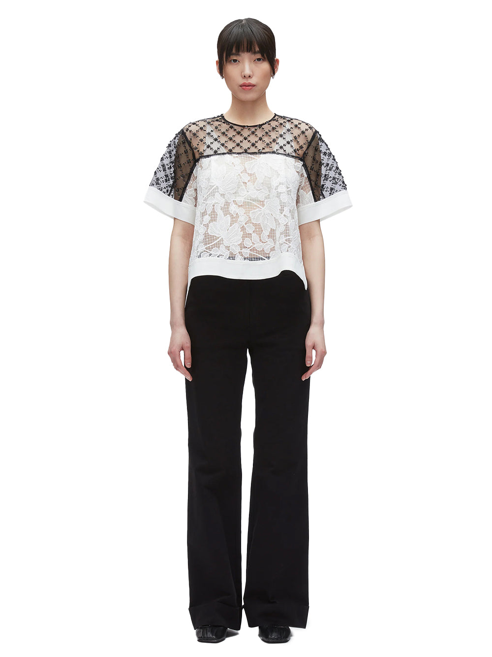 Corded Lace Organza Ss Flounce Top White-Black
