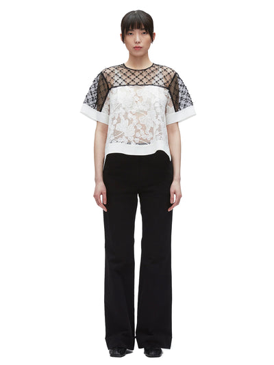 Corded Lace Organza Ss Flounce Top White-Black