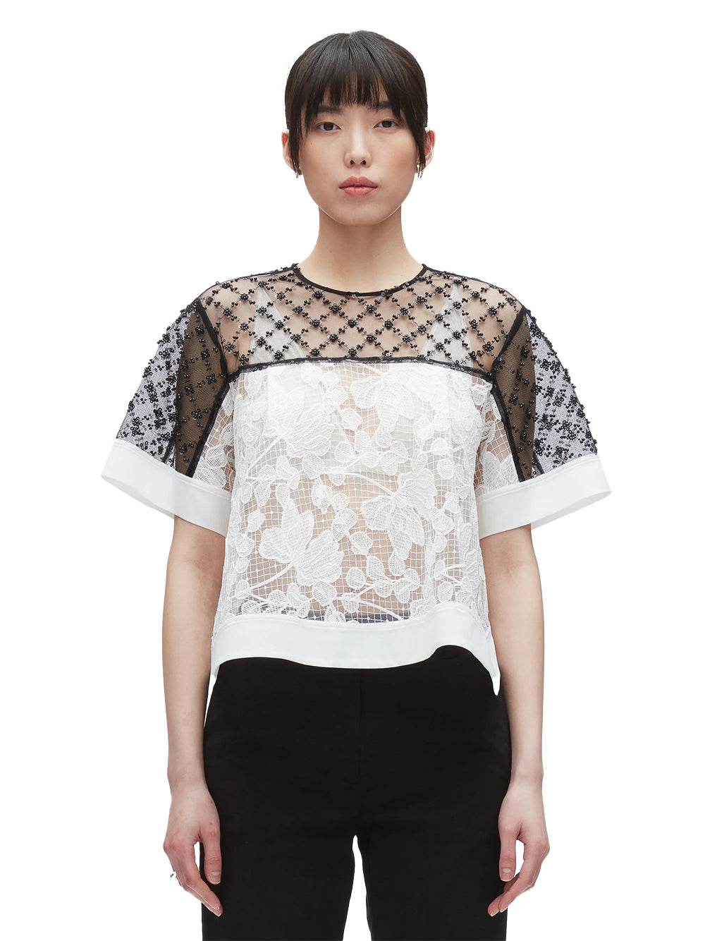 Corded Lace Organza Ss Flounce Top White-Black