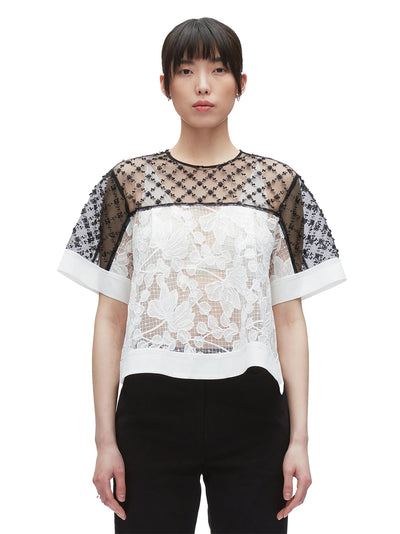 Corded Lace Organza Ss Flounce Top White-Black