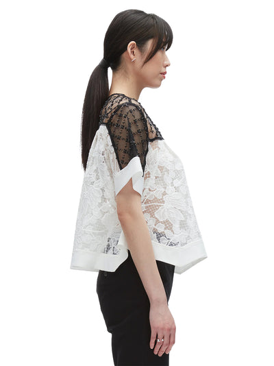 Corded Lace Organza Ss Flounce Top White-Black