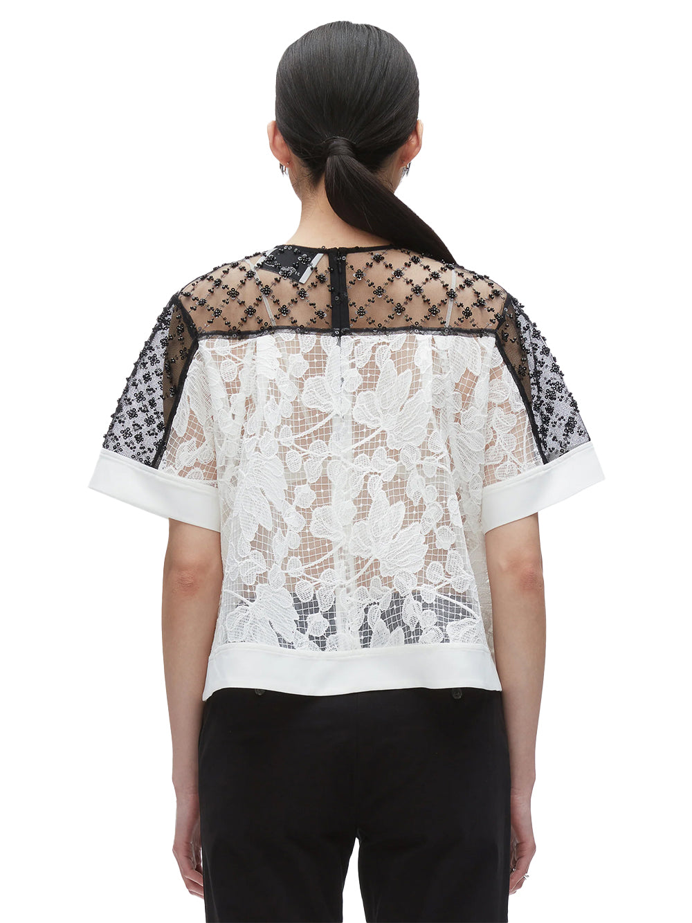 Corded Lace Organza Ss Flounce Top White-Black