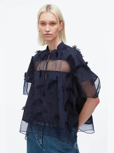 Plaid Organza V-Neck Top (Midnight)
