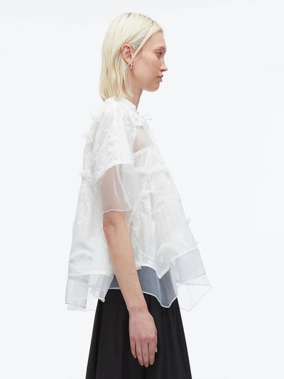 Embroidery Voile Top with Organza Combo Top (White)
